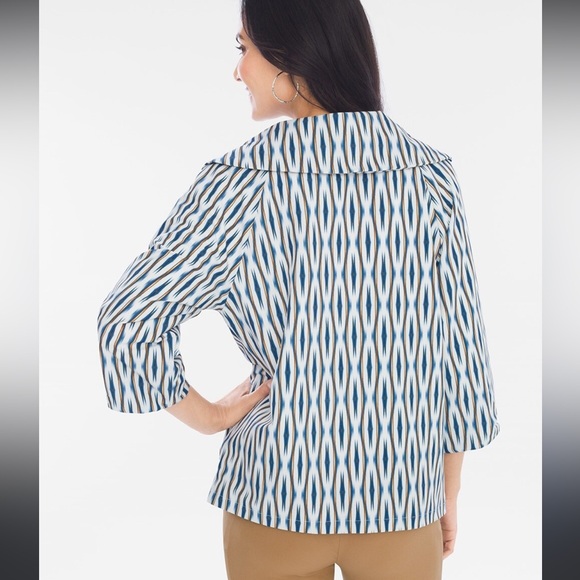 Chico’s Zenergy Ikat Jacket White Blue 3/4 Sleeve lightweight Jacket Sz 4/6 - Picture 3 of 14